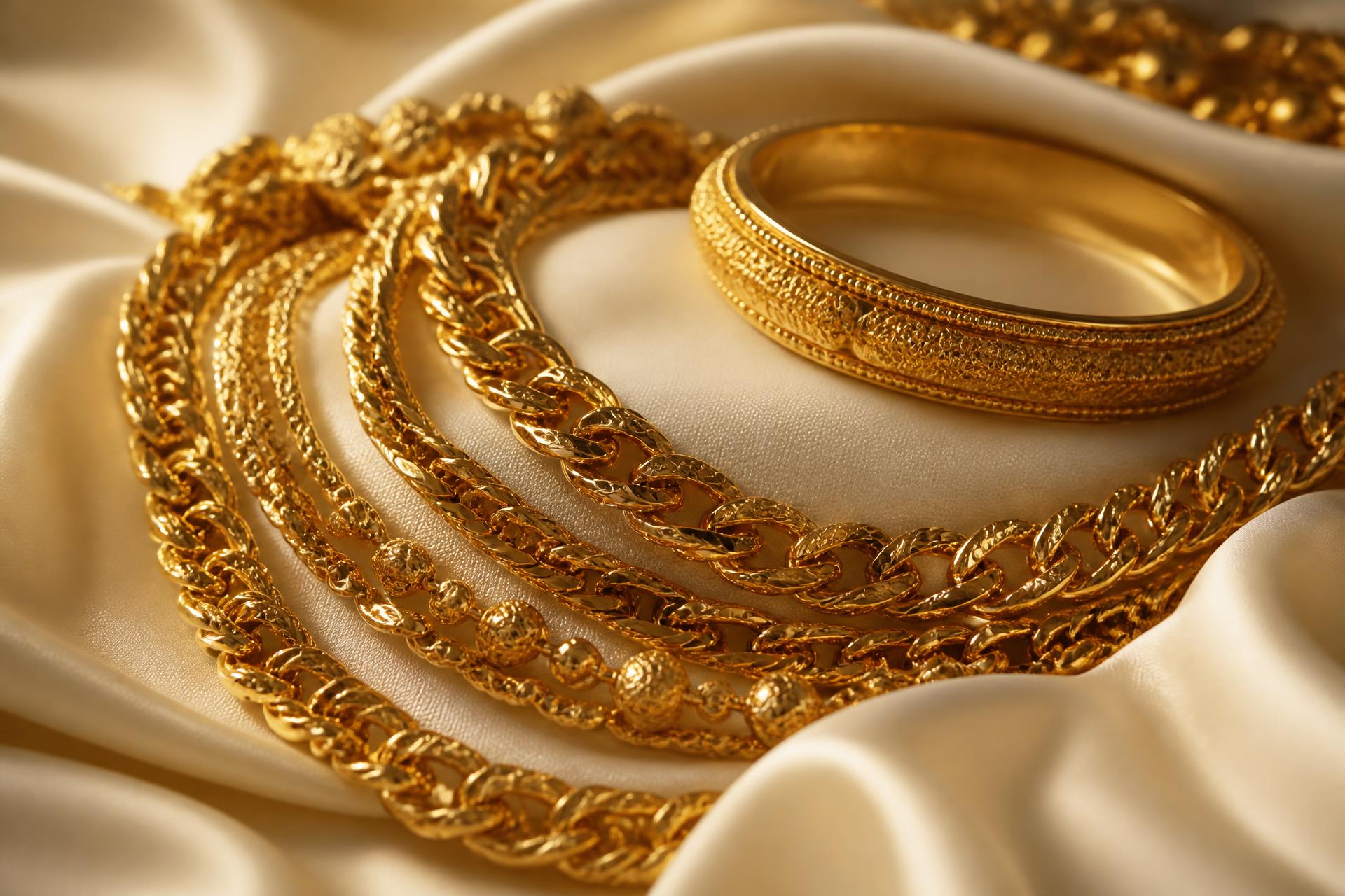 Heavy 22ct gold chains and a filigree bangle on ivory silk