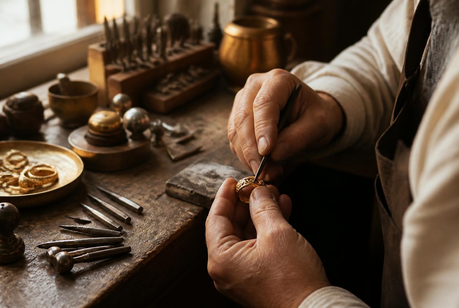 A goldsmith engraving a gold ring at the bench